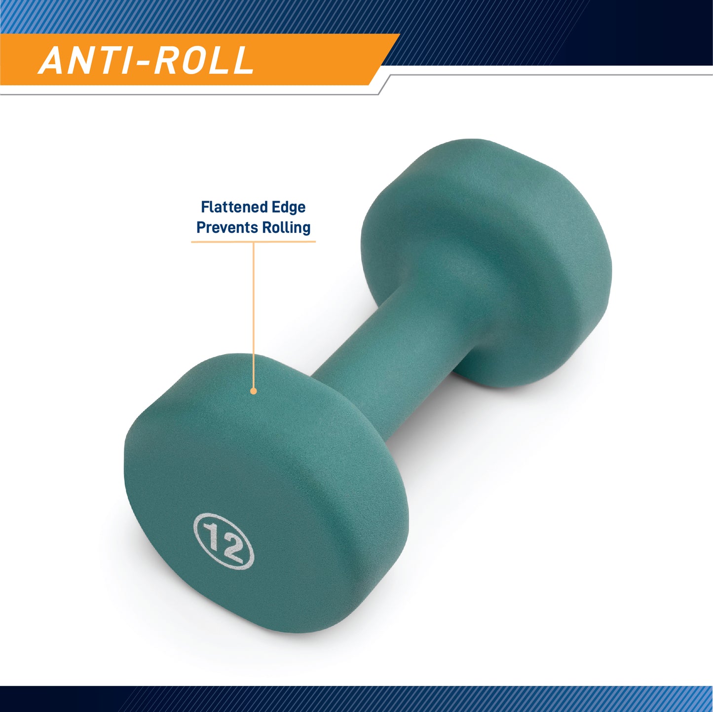 Anti-roll feature graphic showing Marcy 12-pounds teal neoprene dumbbell INE-012. A callout line points to the flat side of the hexagonal head with text reading 'Flattened Edge Prevents Rolling'.