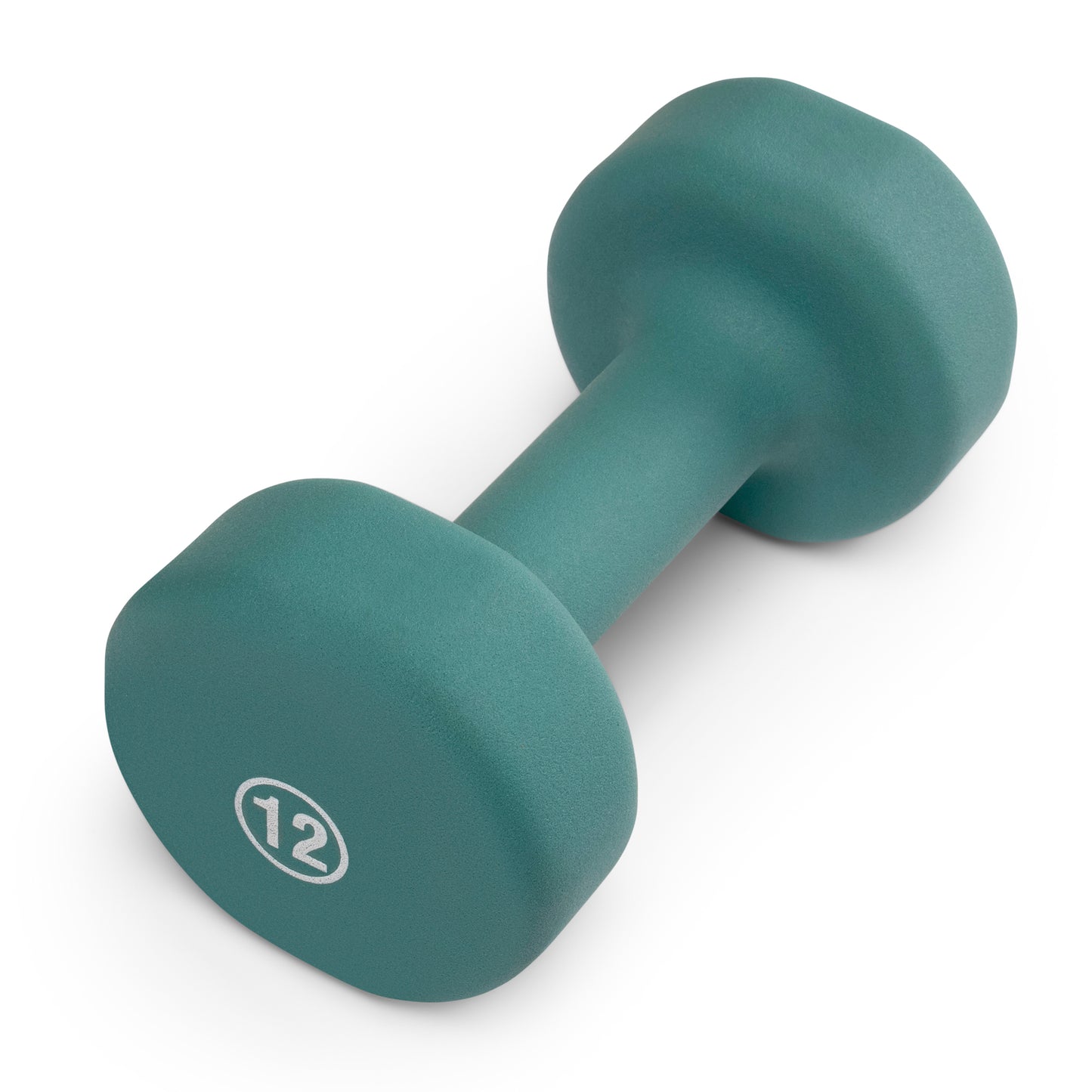 Single teal Marcy INE-012 neoprene dumbbell with hexagonal heads, displaying the number 12 in white on the end.
