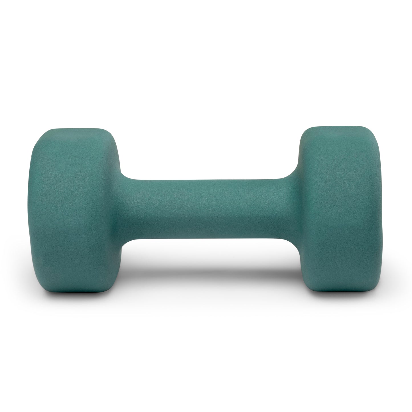 Side view of a single red orange Marcy neoprene dumbbell INE-012 with hexagonal heads lying flat.