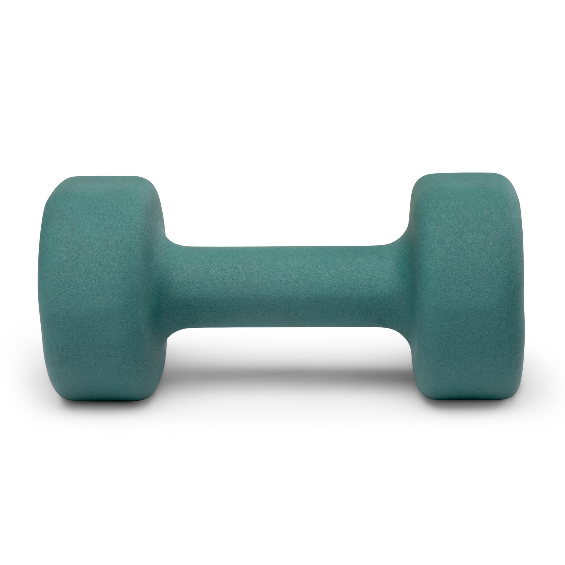 Side view of a single red orange Marcy neoprene dumbbell INE-012 with hexagonal heads lying flat.