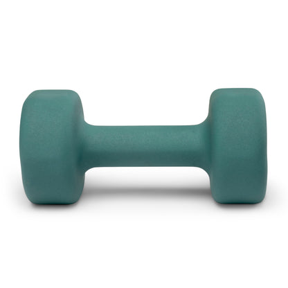 Side view of a single red orange Marcy neoprene dumbbell INE-012 with hexagonal heads lying flat.