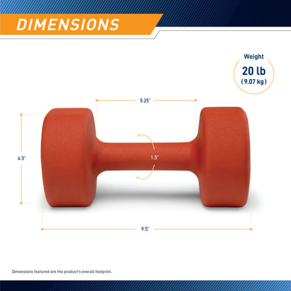 Dimensions infographic for a Marcy Neoprene 20 lb dumbbell INE-020 showing a total length of 9.5 inches, head height of 4.5 inches, handle length of 5.25 inches, and handle diameter of 1.5 inches.