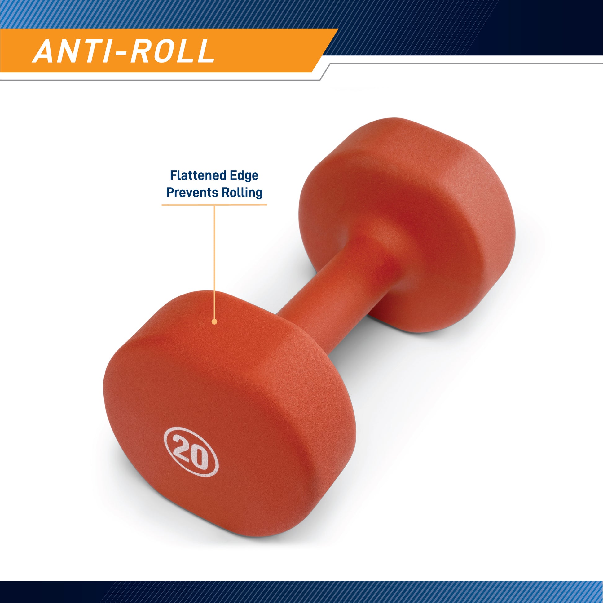 Anti-roll feature graphic showing Marcy 20-pounds red orange neoprene dumbbell INE-020. A callout line points to the flat side of the hexagonal head with text reading 'Flattened Edge Prevents Rolling'.