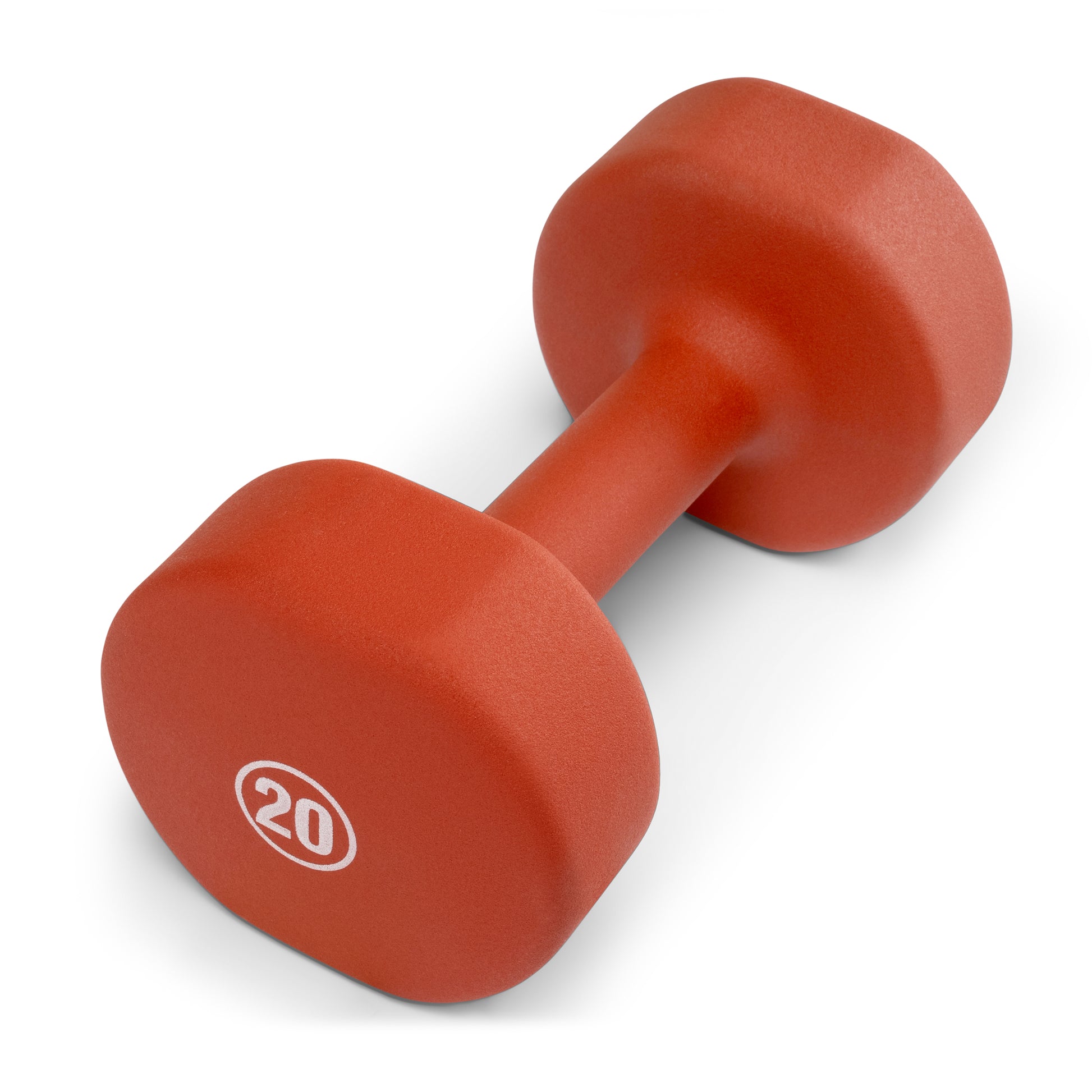 Single red orange Marcy INE-020 neoprene dumbbell with hexagonal heads, displaying the number 20 in white on the end.