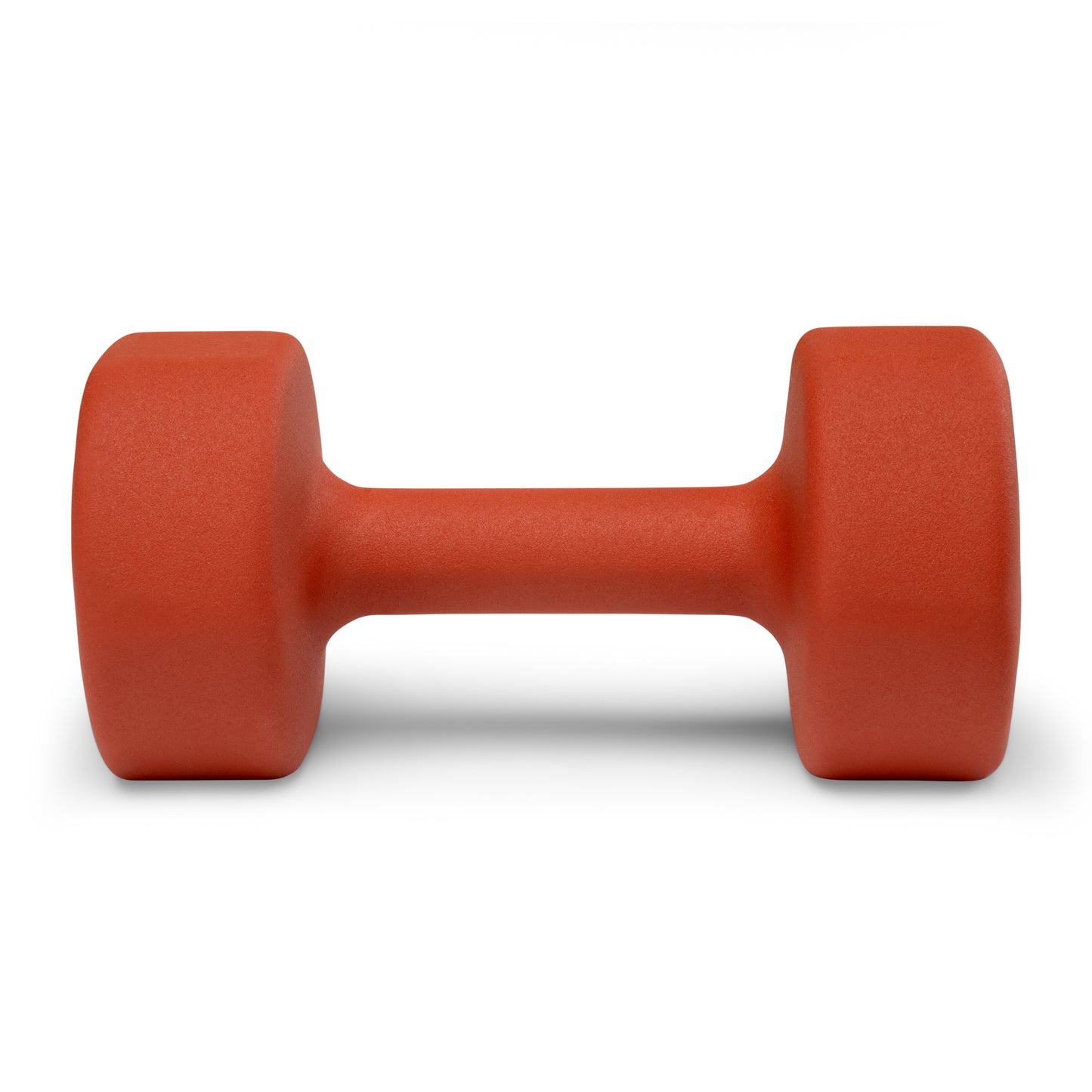 Side view of a single red orange Marcy neoprene dumbbell INE-020 with hexagonal heads lying flat.