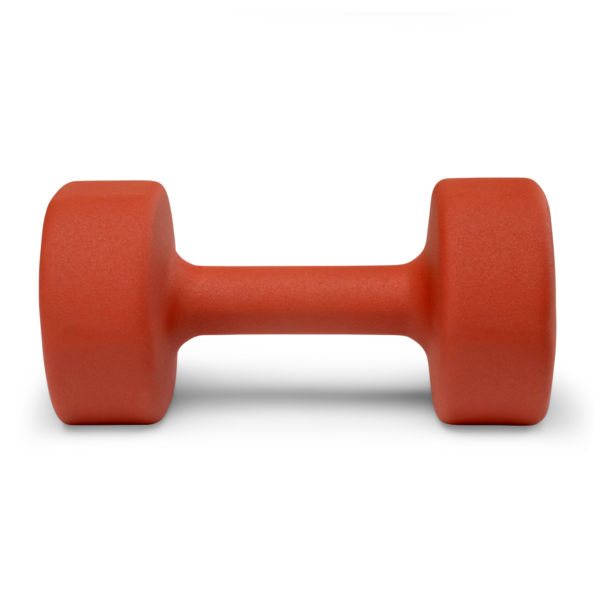Side view of a single red orange Marcy neoprene dumbbell INE-020 with hexagonal heads lying flat.