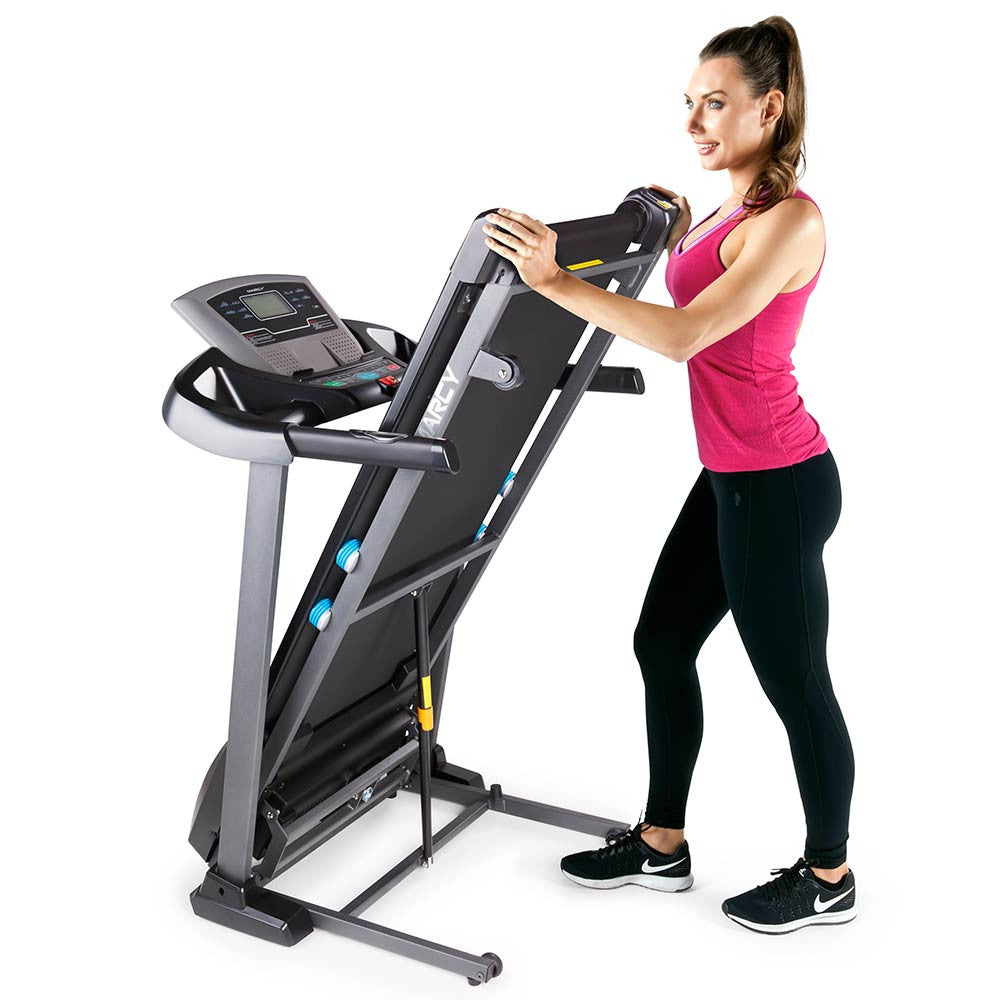 The Marcy Motorized Treadmill With Auto Incline JX-663SW folds for easy storage