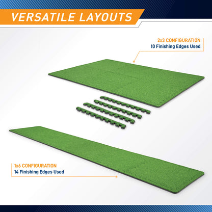 Infographic titled Versatile Layouts showing two assembly configurations for green turf tiles. The top displays a rectangular 2x3 configuration using 10 finishing edges. The bottom displays a long 1x6 runner configuration using 14 finishing edges. Four spare finishing edges are shown in the center.