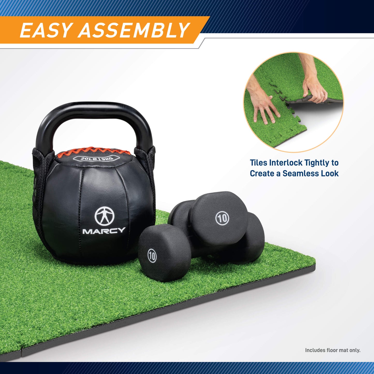 Infographic titled Easy Assembly featuring a black kettlebell and two dumbbells resting on a green turf mat. A circular inset shows hands connecting two puzzle-piece edges of the tiles. Text reads: "Tiles Interlock Tightly to Create a Seamless Look."