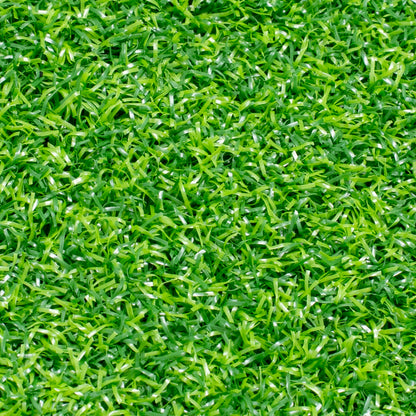 Full-frame top-down view of the green artificial turf texture, showing the density and multi-directional weave of the grass blades.