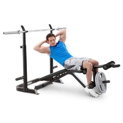 The Marcy Two-Piece Olympic Bench MD-879 with model doing decline sit-ups