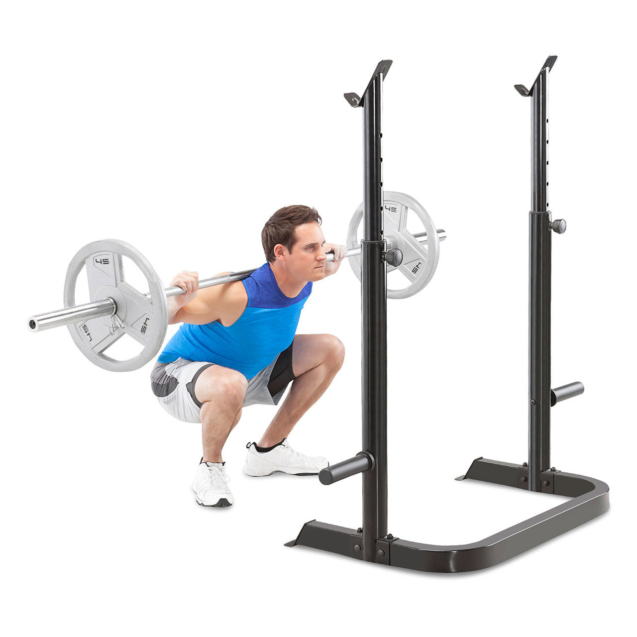 The Marcy Two-Piece Olympic Bench MD-879 separates from the bench to be used as a height adjustable squat rack - with model