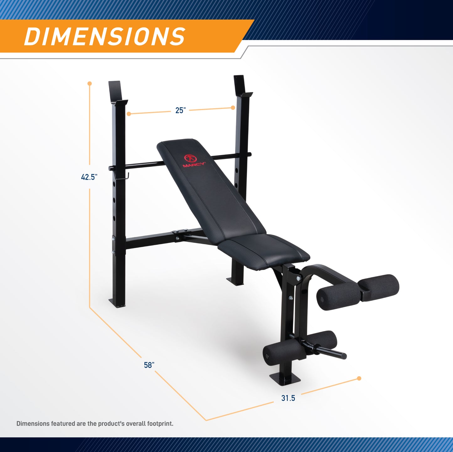 Dimension graphic for a Marcy Standard Weight Bench MWB-6501 with a leg developer. The total length is labeled 58 inches, the overall height is 42.5 inches, and the base width is 31.5 inches. The width between the vertical barbell uprights is labeled 25 inches. A caption reads, "Dimensions featured are the product's overall footprint."