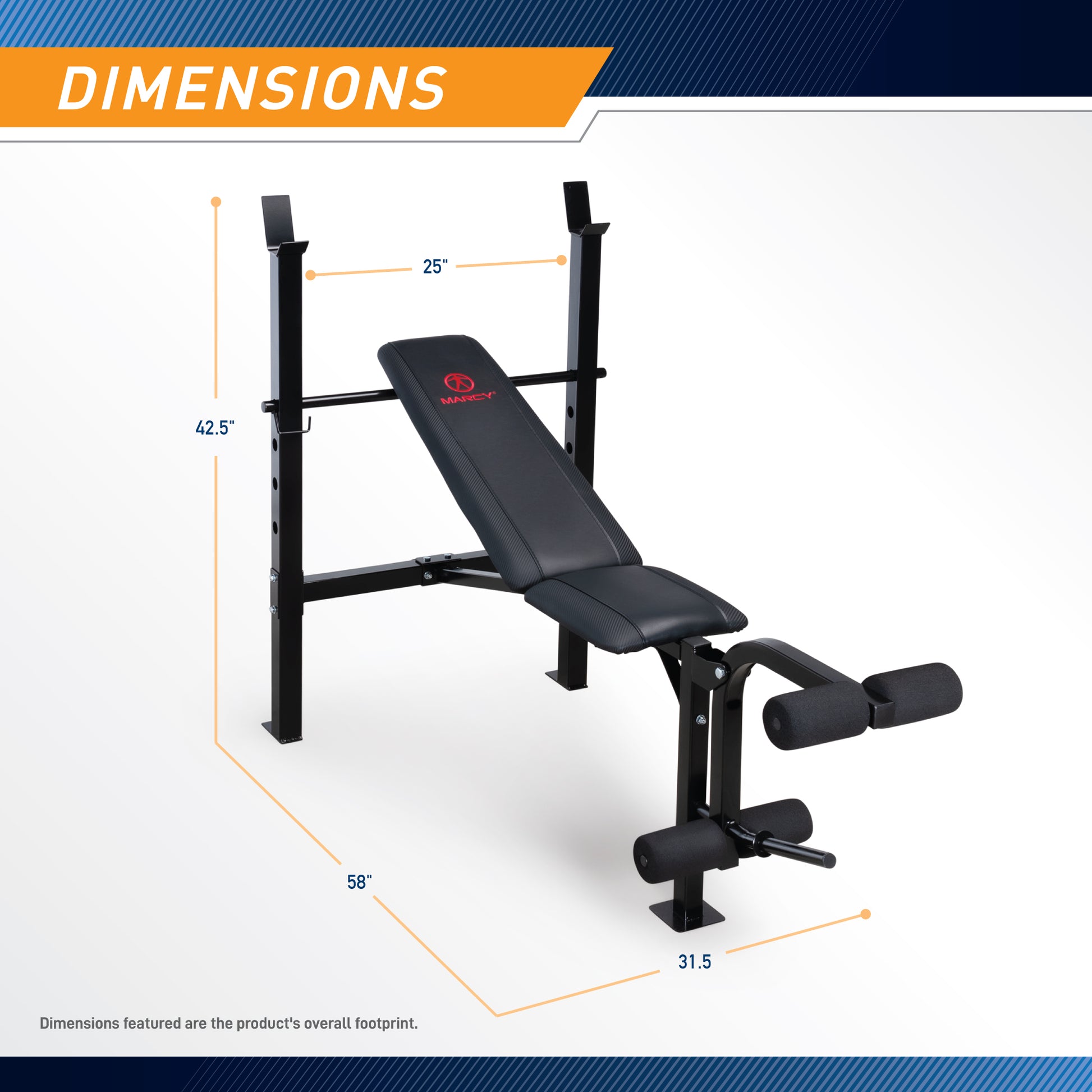 Dimension graphic for a Marcy Standard Weight Bench MWB-6501 with a leg developer. The total length is labeled 58 inches, the overall height is 42.5 inches, and the base width is 31.5 inches. The width between the vertical barbell uprights is labeled 25 inches. A caption reads, "Dimensions featured are the product's overall footprint."