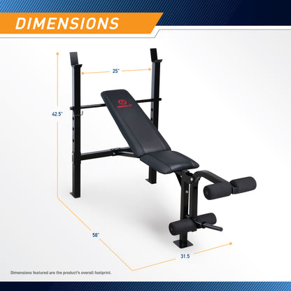 Dimension graphic for a Marcy Standard Weight Bench MWB-6501 with a leg developer. The total length is labeled 58 inches, the overall height is 42.5 inches, and the base width is 31.5 inches. The width between the vertical barbell uprights is labeled 25 inches. A caption reads, "Dimensions featured are the product's overall footprint."