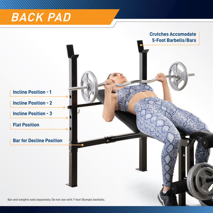 Infographic titled "Back Pad" illustrating the bench's adjustable positions with a woman performing a bench press. Labels on the vertical uprights mark three "Incline Position" levels and a "Flat Position." A rear crossbar is labeled "Bar for Decline Position," and the top catches are labeled "Crutches Accommodate 5-Foot Barbells/Bars." A disclaimer notes, "Bar and weights sold separately. Do not use with 7-foot Olympic barbells.".