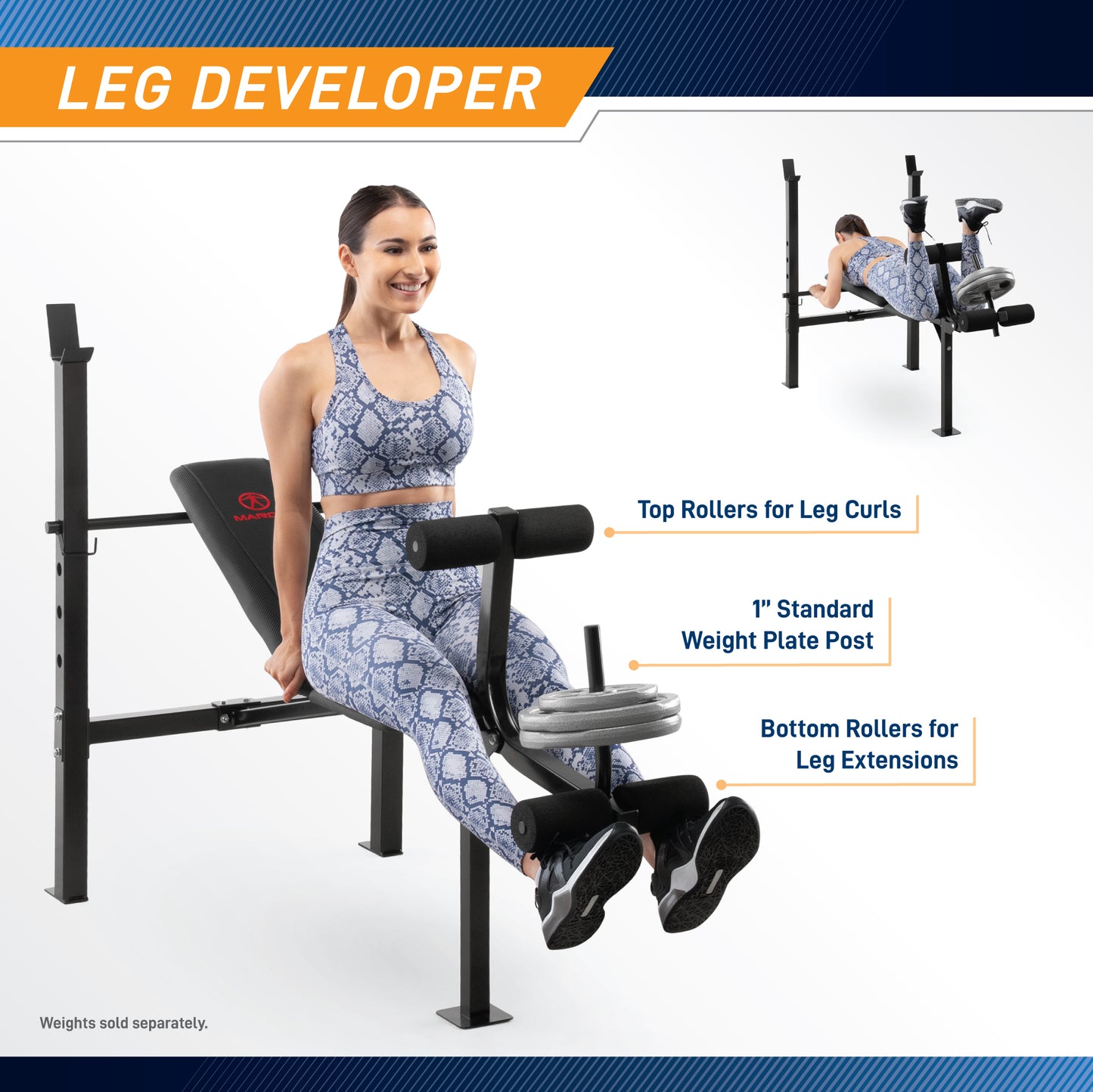 Infographic titled "Leg Developer" demonstrating lower body exercises. The main image shows a woman seated on the Marcy Standard Weight Bench MWB-6501
 performing leg extensions, with labels pointing to the "Top Rollers for Leg Curls," the "1-inch Standard Weight Plate Post" loaded with plates, and the "Bottom Rollers for Leg Extensions." An inset image shows the woman lying face-down on the bench performing leg curls. A disclaimer states, "Weights sold separately."