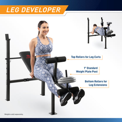 Infographic titled "Leg Developer" demonstrating lower body exercises. The main image shows a woman seated on the Marcy Standard Weight Bench MWB-6501
 performing leg extensions, with labels pointing to the "Top Rollers for Leg Curls," the "1-inch Standard Weight Plate Post" loaded with plates, and the "Bottom Rollers for Leg Extensions." An inset image shows the woman lying face-down on the bench performing leg curls. A disclaimer states, "Weights sold separately."