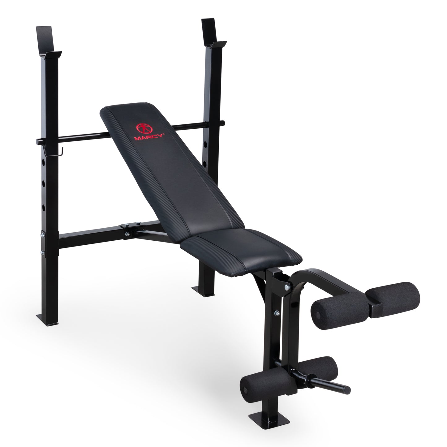 Studio shot of a black Marcy Standard Weight Bench MWB-6501 with a red logo on the backrest. The bench features upright barbell supports and a leg developer attachment at the foot.
