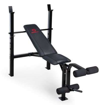Studio shot of a black Marcy Standard Weight Bench MWB-6501 with a red logo on the backrest. The bench features upright barbell supports and a leg developer attachment at the foot.