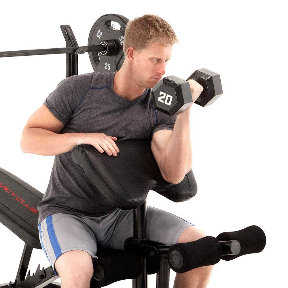 The Marcy Club Deluxe Mid Size Bench MKB-869 in use - dumbbell preacher curls
