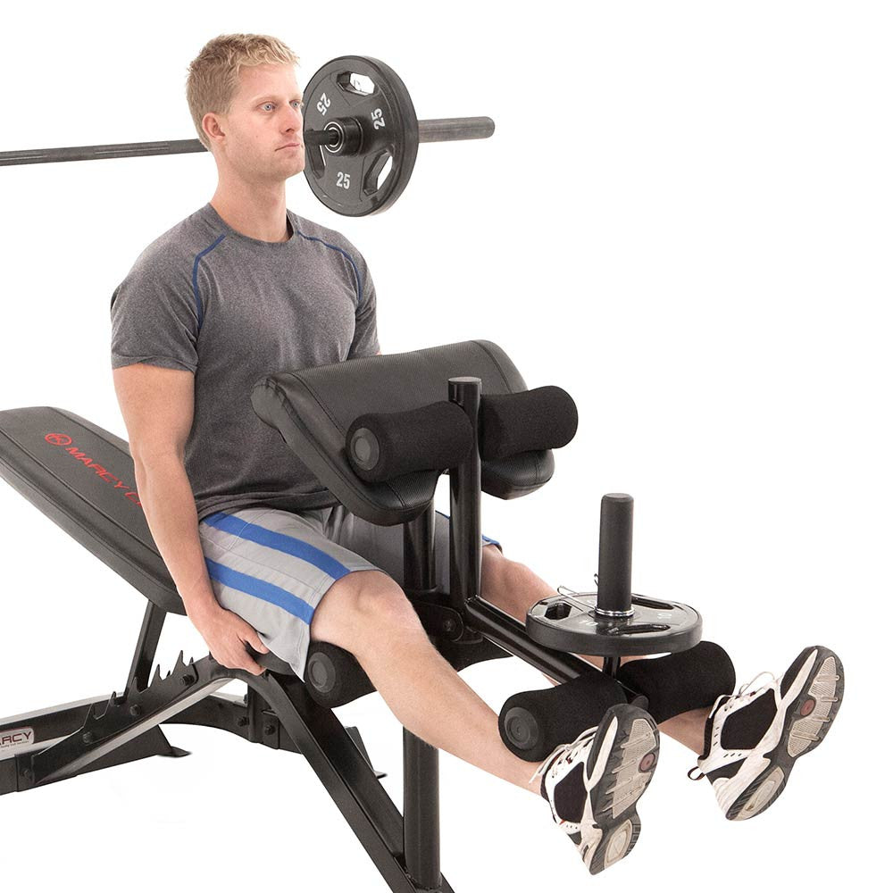 The Marcy Club Deluxe Mid Size Bench MKB-869 in use - leg extensions