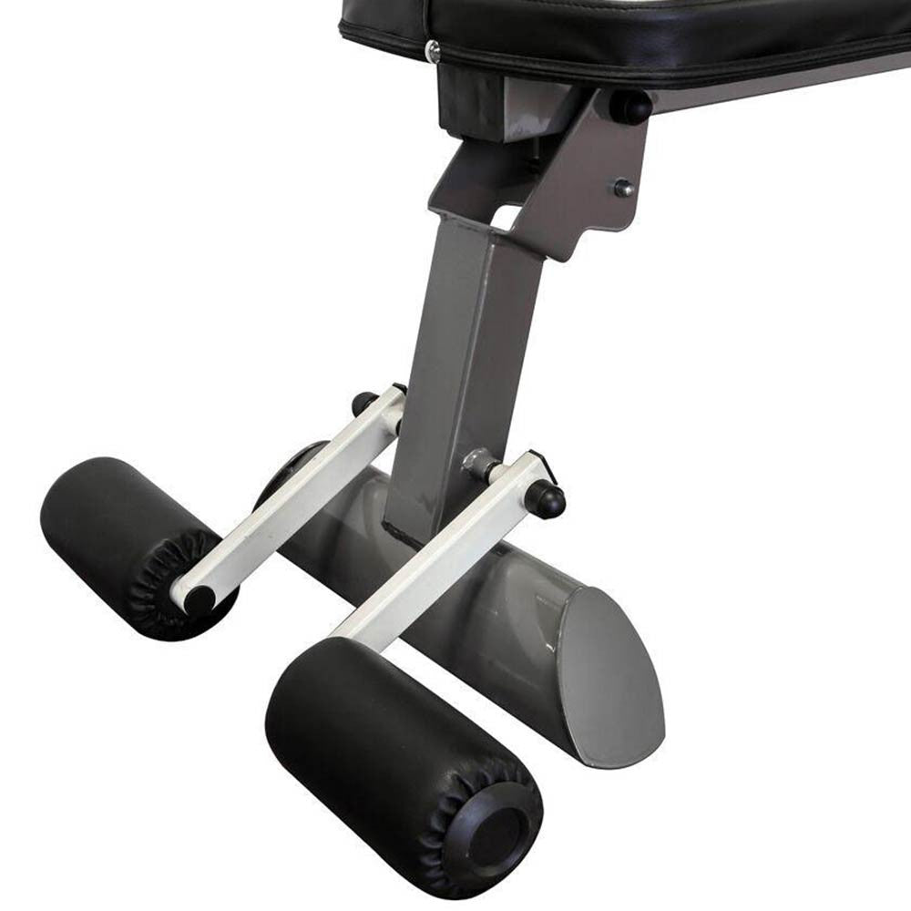 The Marcy Flat Bench SB-10500 comes with leg rollers to stabilize your high intensity interval conditioning
