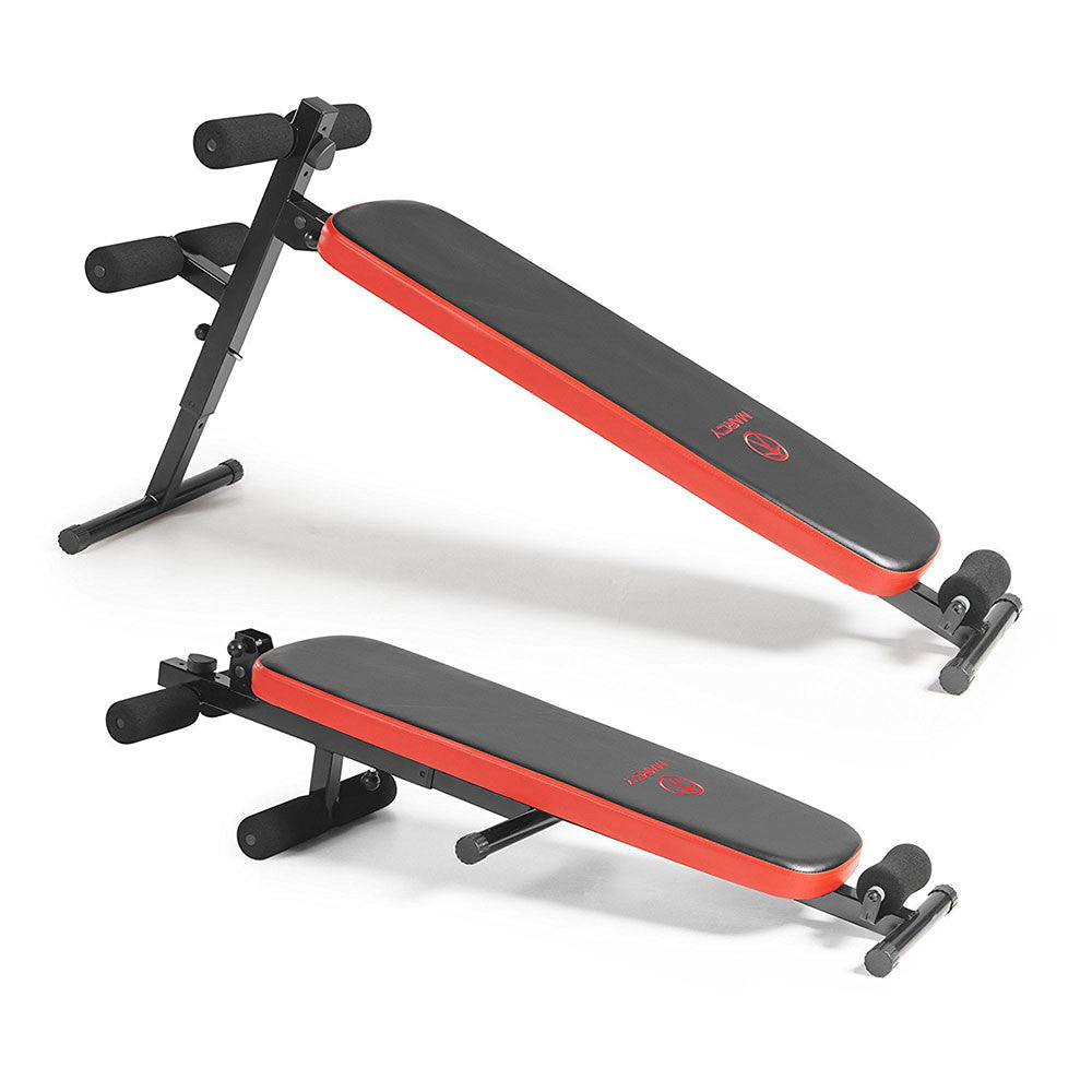 The Marcy SB-4606 Folding Utility Bench w/ Headrest Slant Board folds for convenient storage