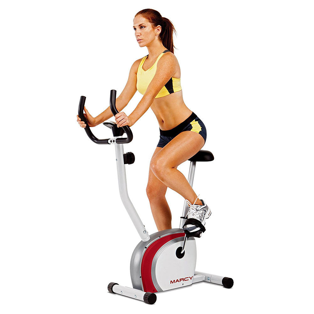 Model riding The Marcy Upright Exercise Bike NS-908U