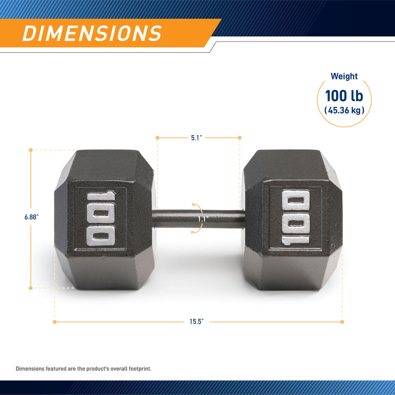 Marcy 100lb Hex Dumbbell  IV-2100 - Infographic - Dimensions