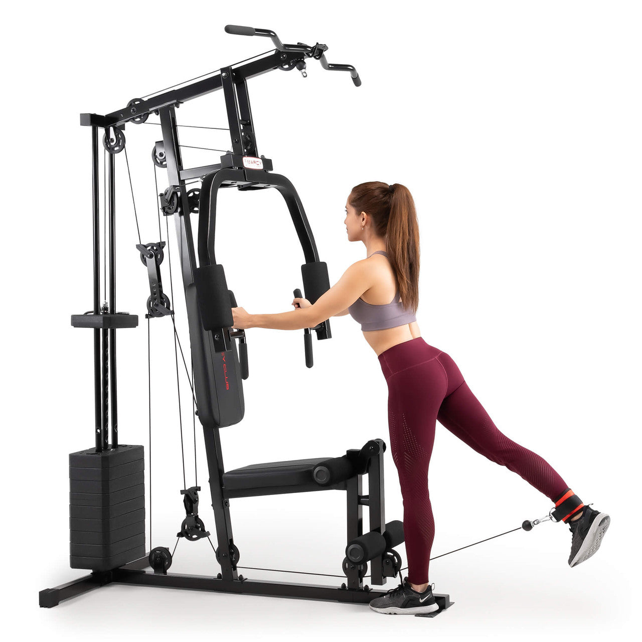 Marcy 100lb Stack Home Gym  MKM-81030 - Female Model using Lower Pulley With Ankle Strap
