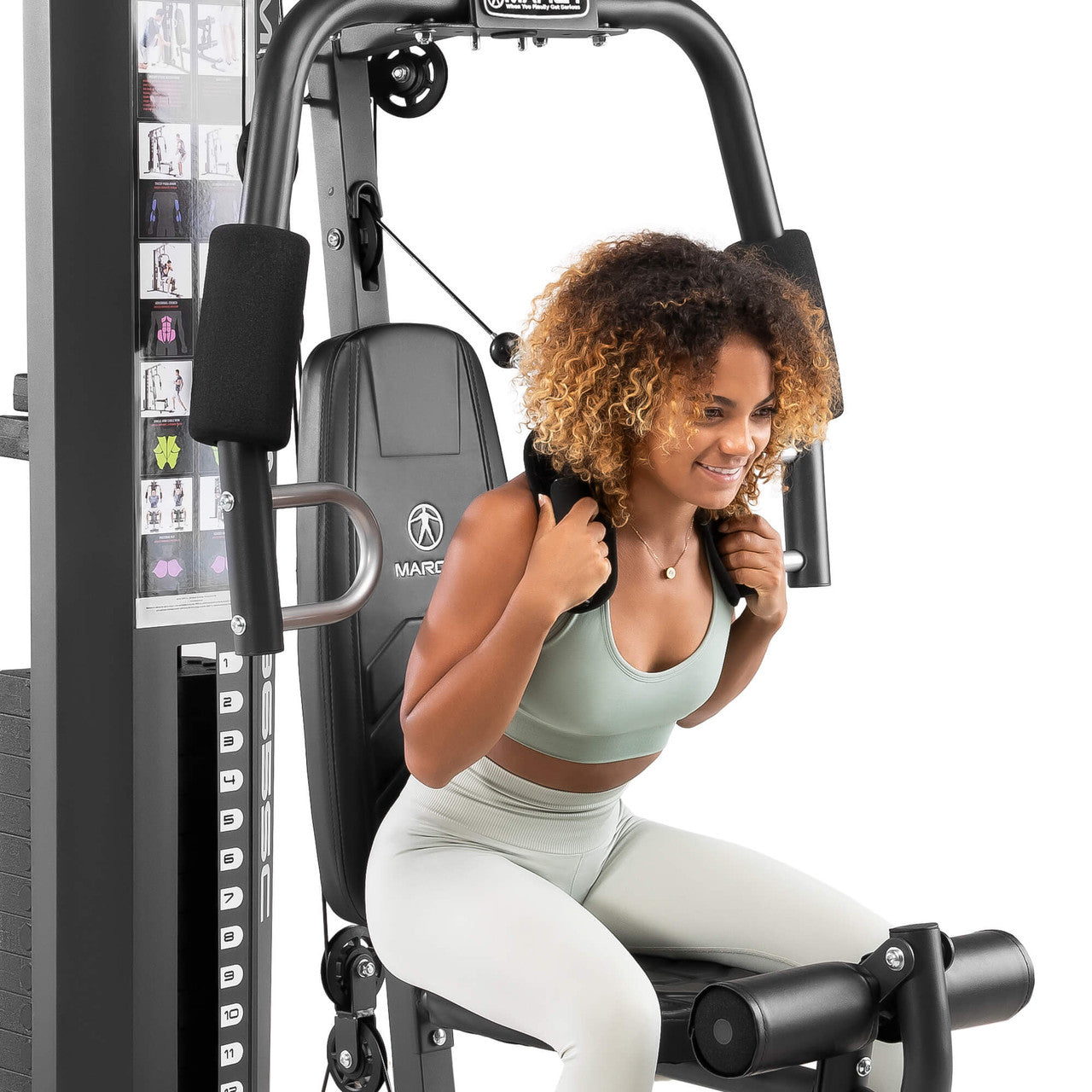 Marcy 150lb Stack Home Gym  MWM-4965SC - with Model - Using Center Pulley for Weighted Crunches