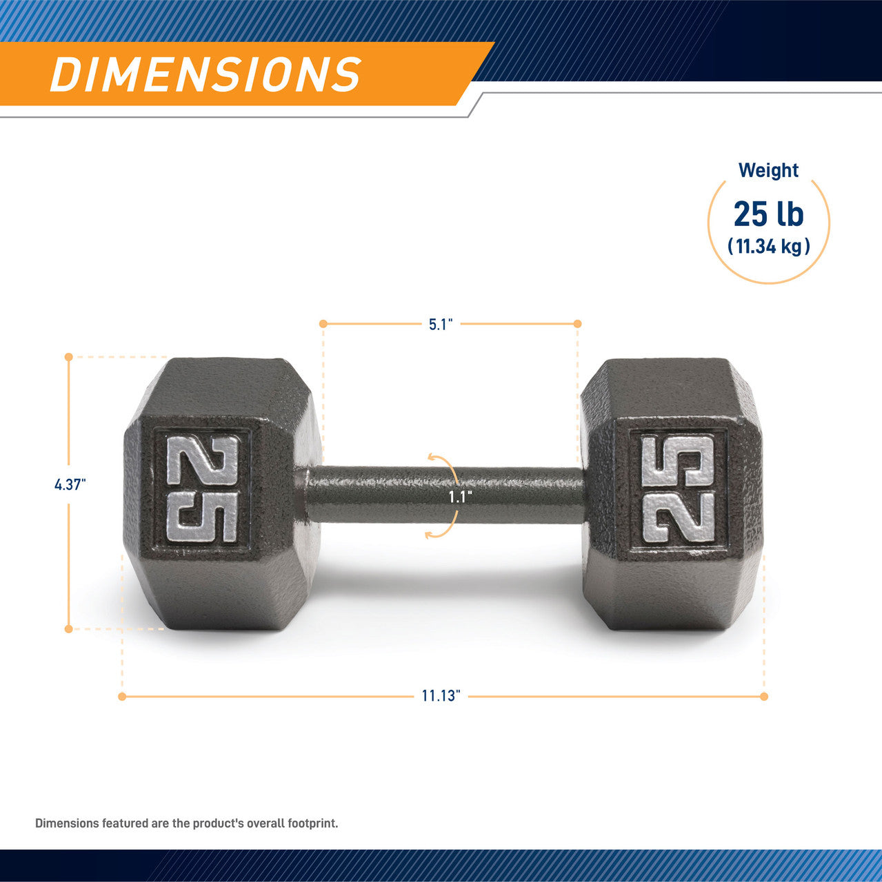 Marcy 25lb Hex Dumbbell IV-2025 - Infographic - Dimensions
