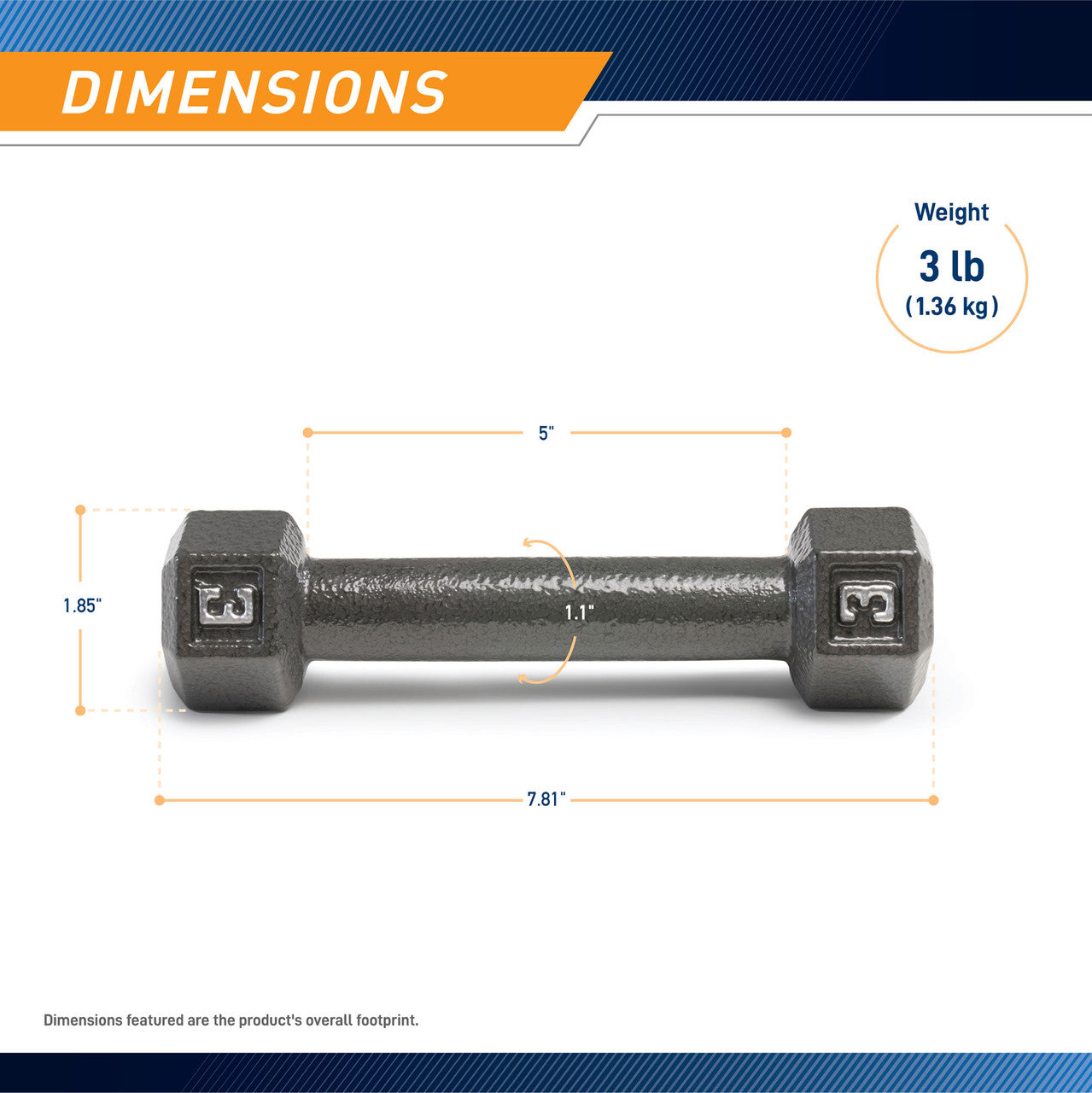 Marcy 3lb Hex Dumbbell | IV-2003 - Infographic - Dimensions