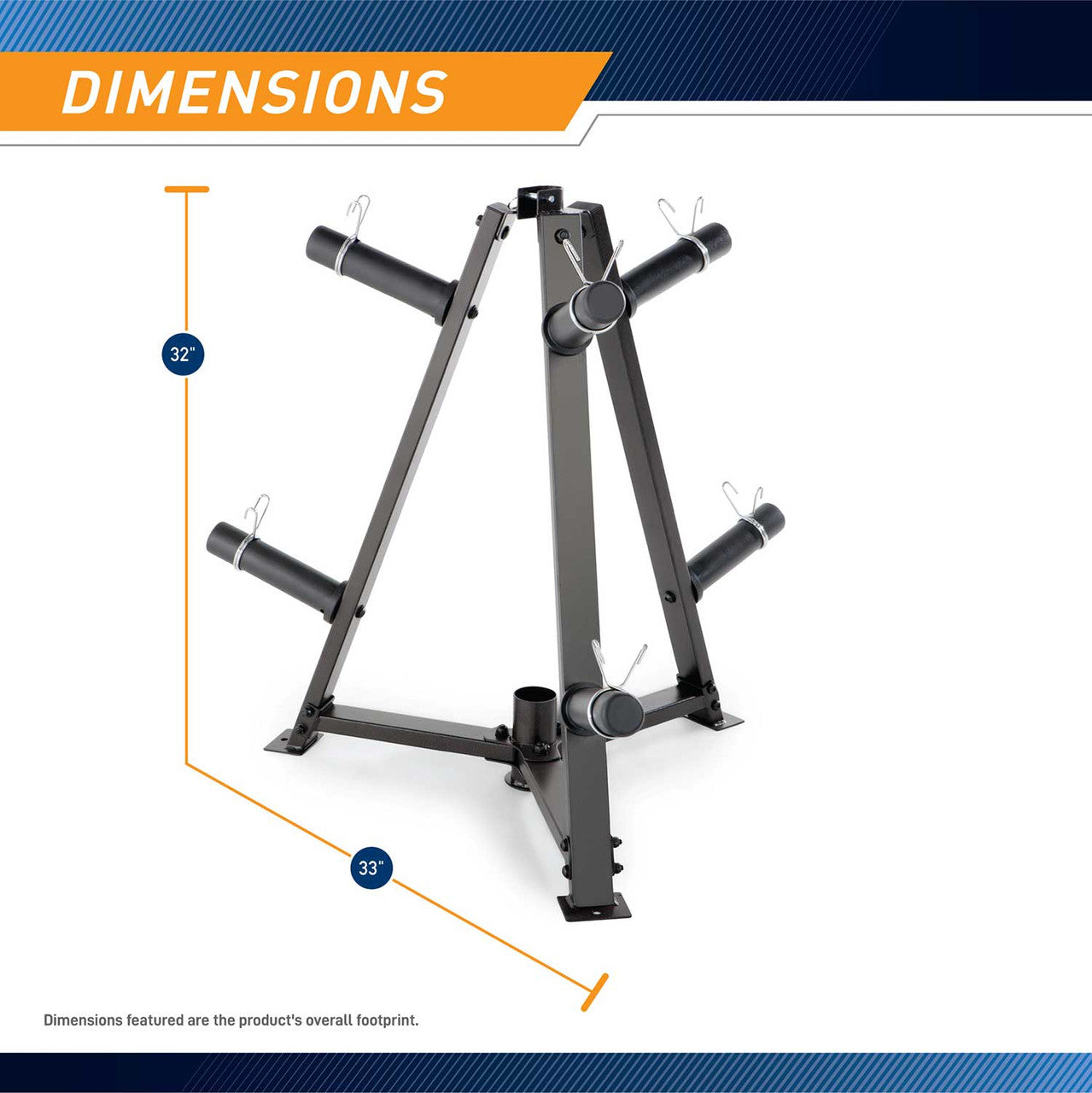 Marcy 6-Peg Olympic Weight Plate Tree Vertical Bar Holder PT-5757 is 32 inches tall and 33 inches wide 