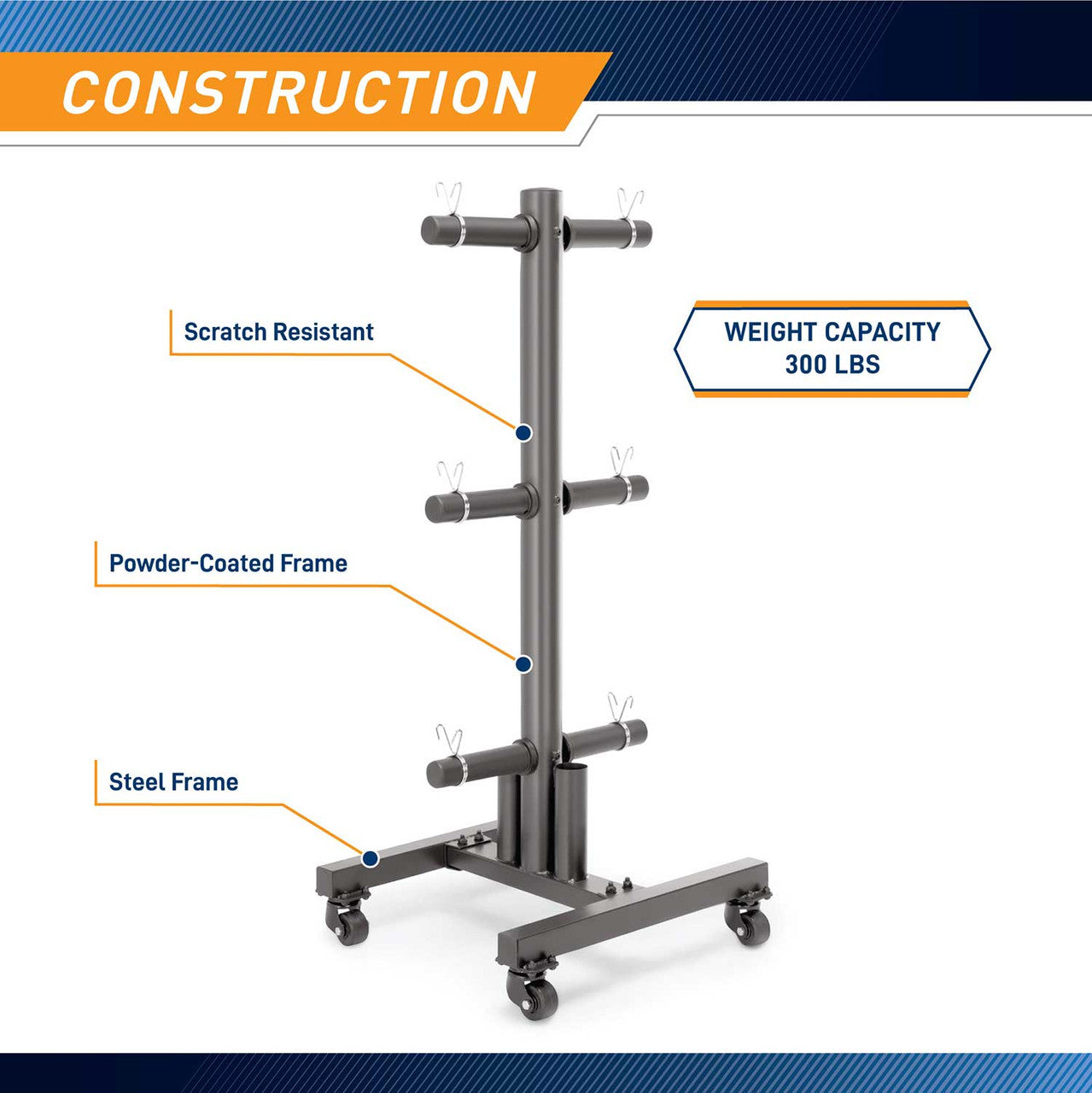 Marcy 6-peg Olympic weight plate tree PT-5856 has a scratch resistant steel frame 