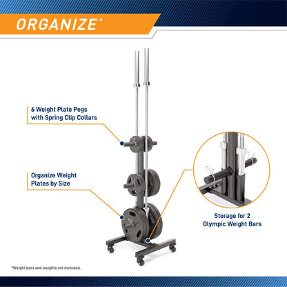 Marcy 6-peg Olympic weight plate tree PT-5856 allows you to organize weight plates by size 