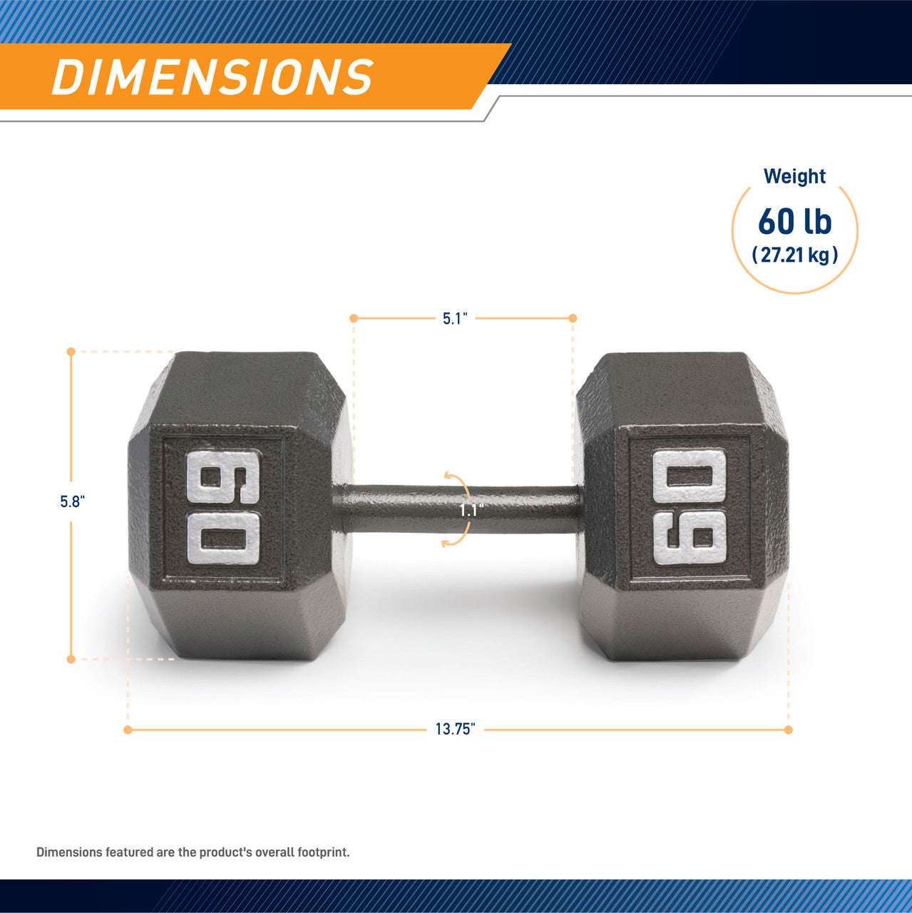 Marcy 60lb Hex Dumbbell  IV-2060 - Infographic - Dimensions