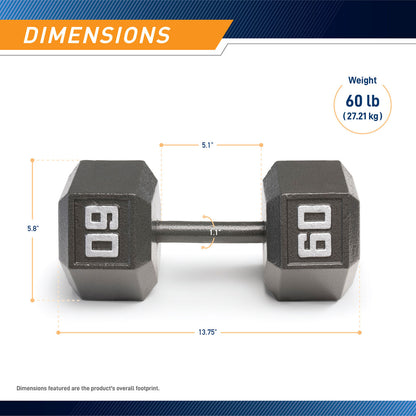 Marcy 60lb Hex Dumbbell  IV-2060 - Infographic - Dimensions