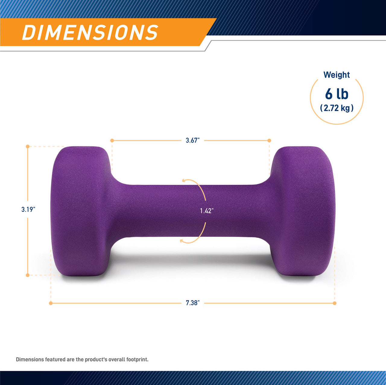 Marcy 6lb Neoprene Dumbbell INE-006 - Infographic - Dimensions
