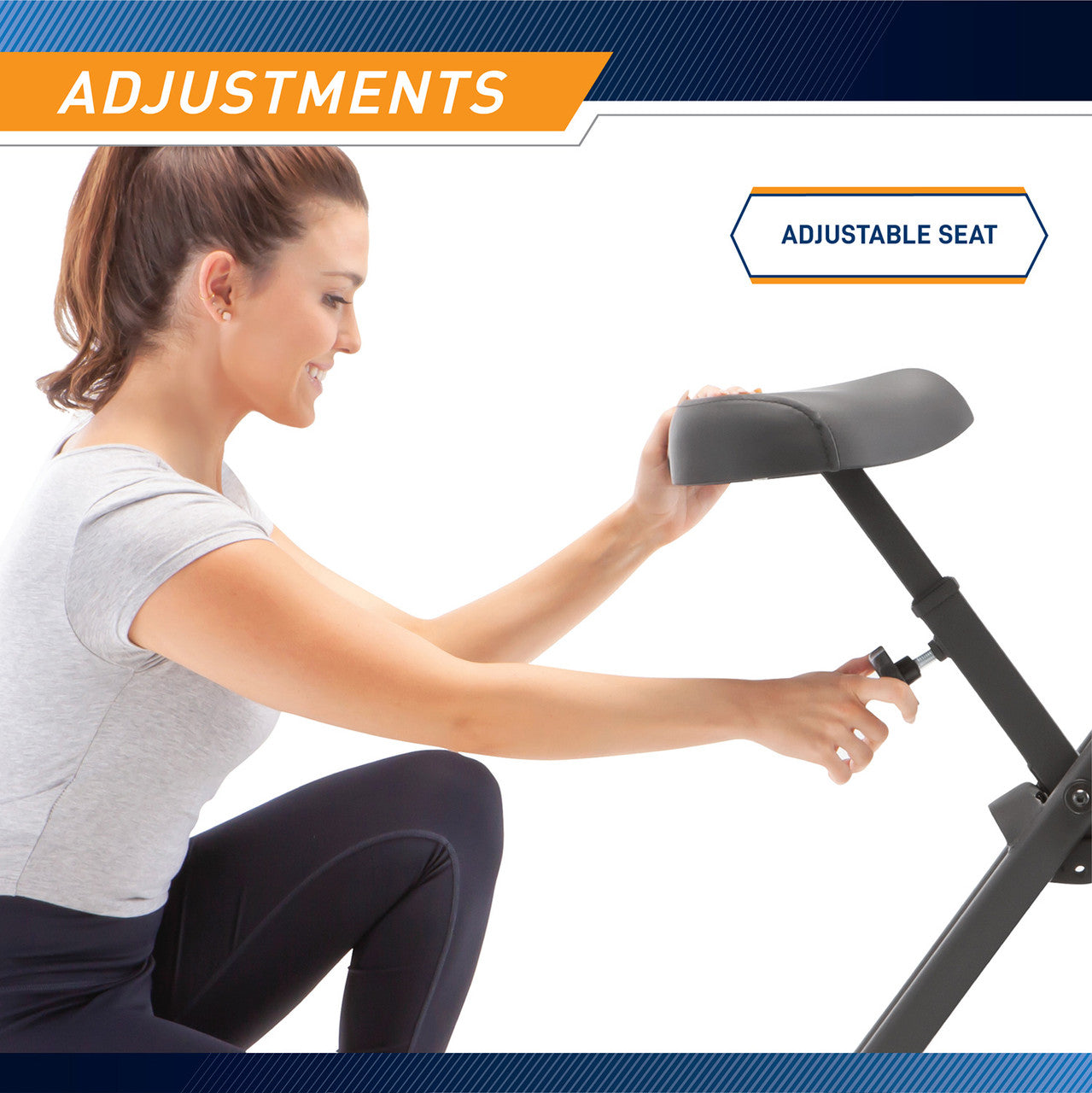 The Marcy Foldable Bike NS-654 in Black has a knob that allows you to adjust the seat at different heights. 