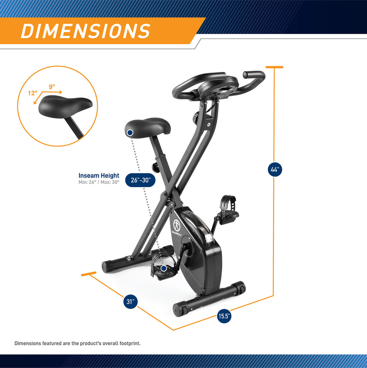 The Marcy Foldable Bike NS-654 in Black is 44 inches tall, 31 inches long, and 15.5 inches wide