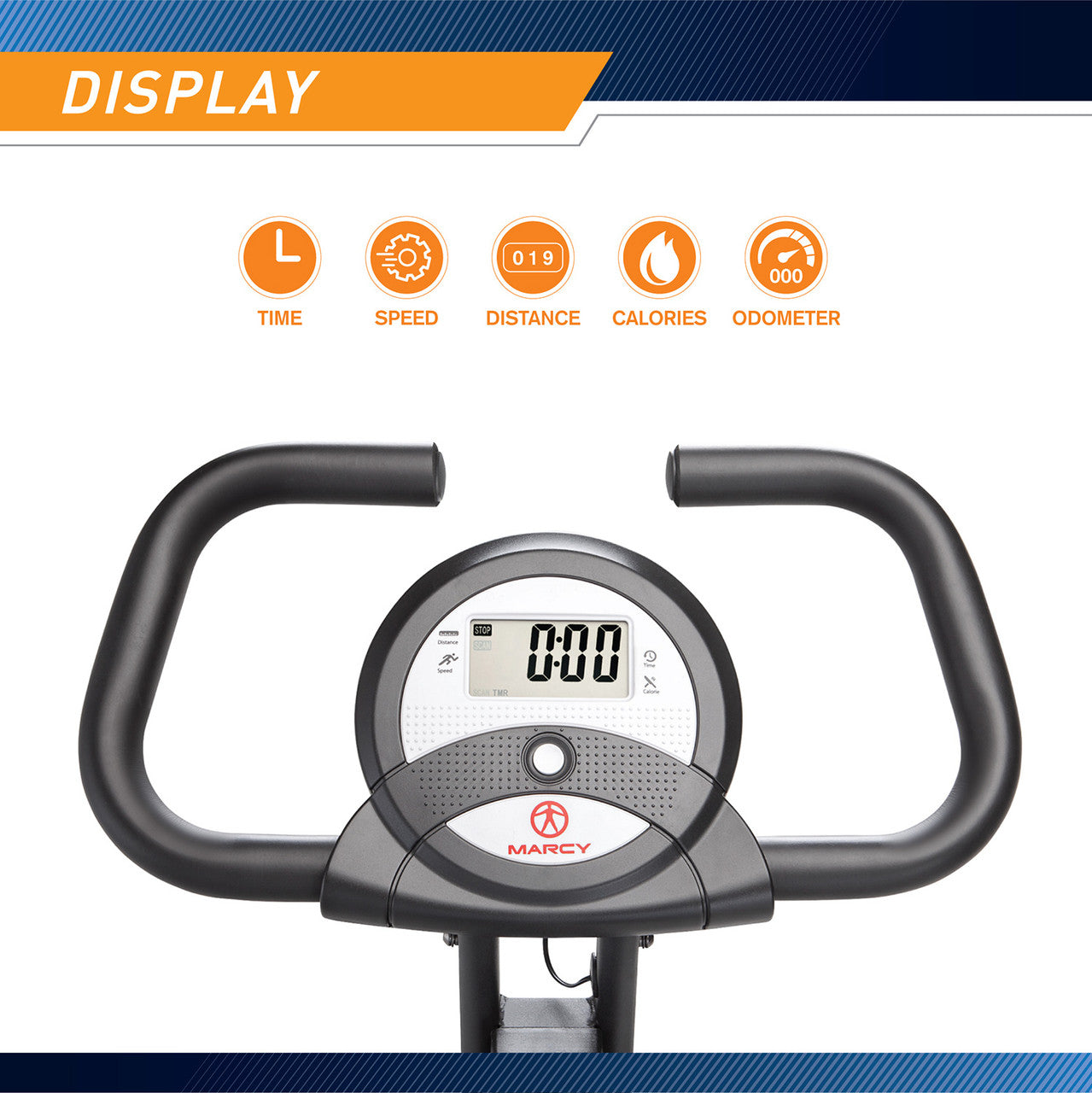 The Marcy Foldable Bike NS-654 in Black ergonomic display tracks  time, speed, distance, and calories while bike is in use 