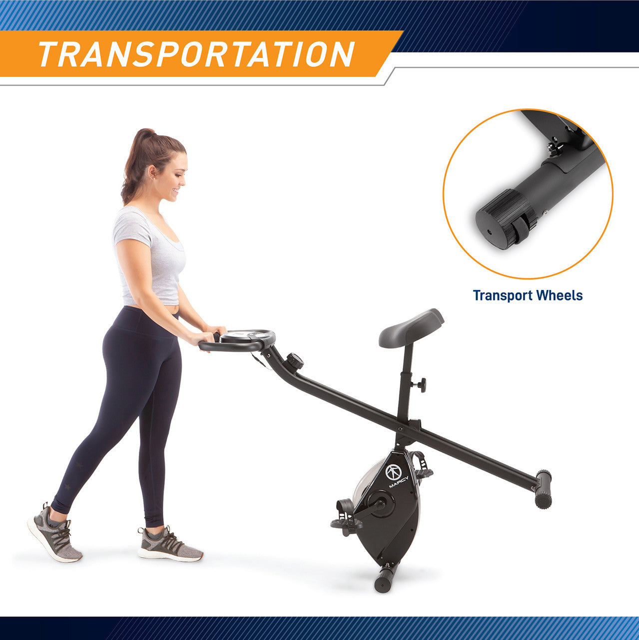 The Marcy Foldable Bike in  Black NS-654 is equipped with two transport wheels for easy transportation 