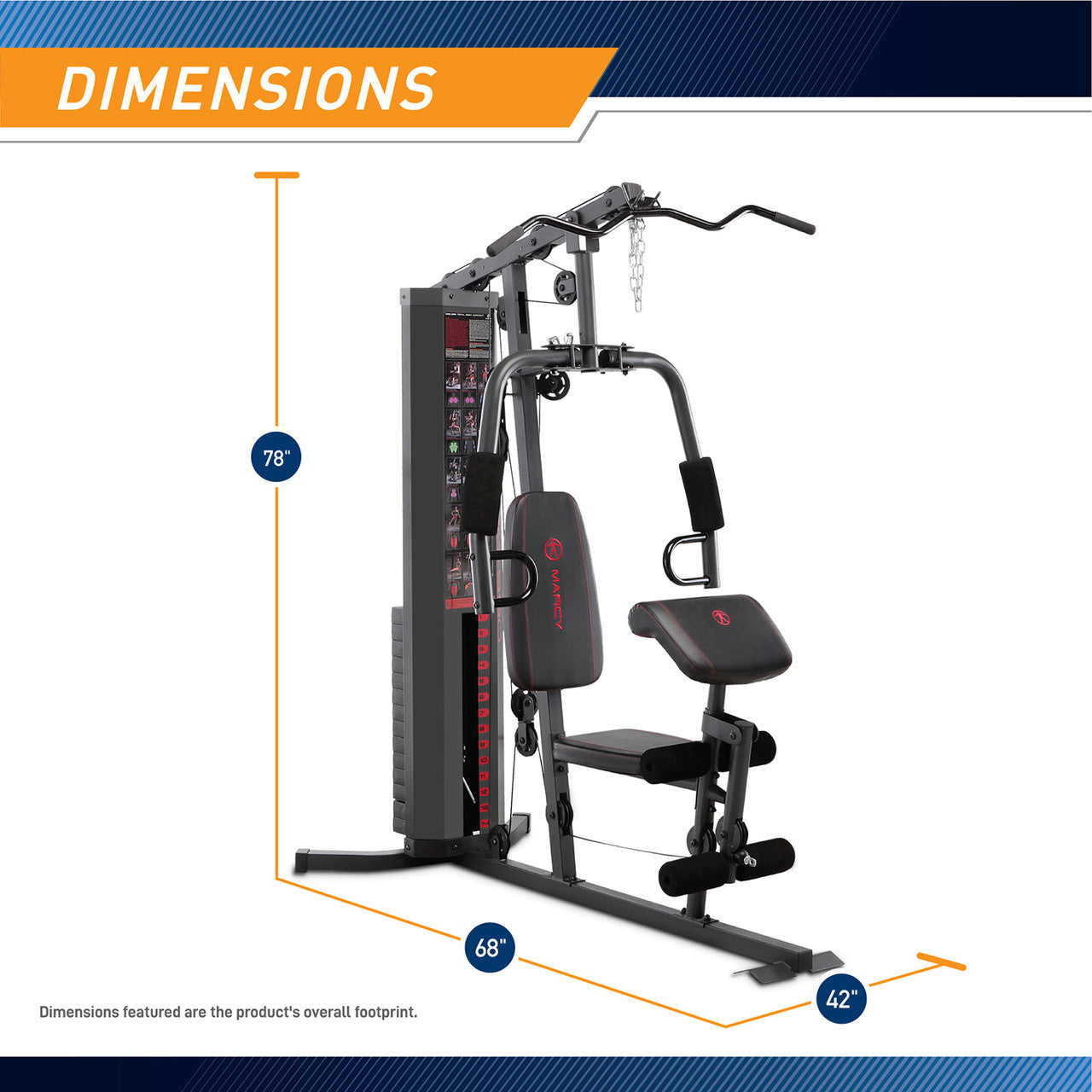 The Marcy 150 lb Stack Home Gym MWM-990 is 78 inches tall, 68 inches long, and 42 inches wide