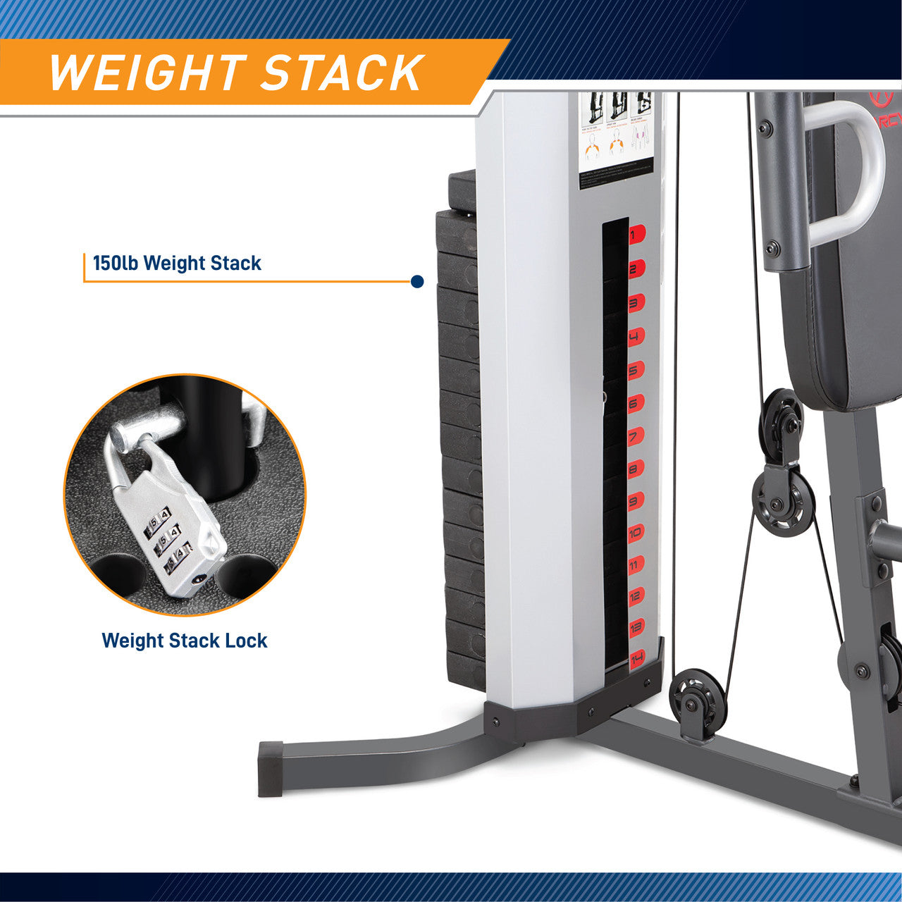 Marcy Home Gym System 150lb Weight Stack Machine  MWM-988 - Infographic - Weight Stack and Lock