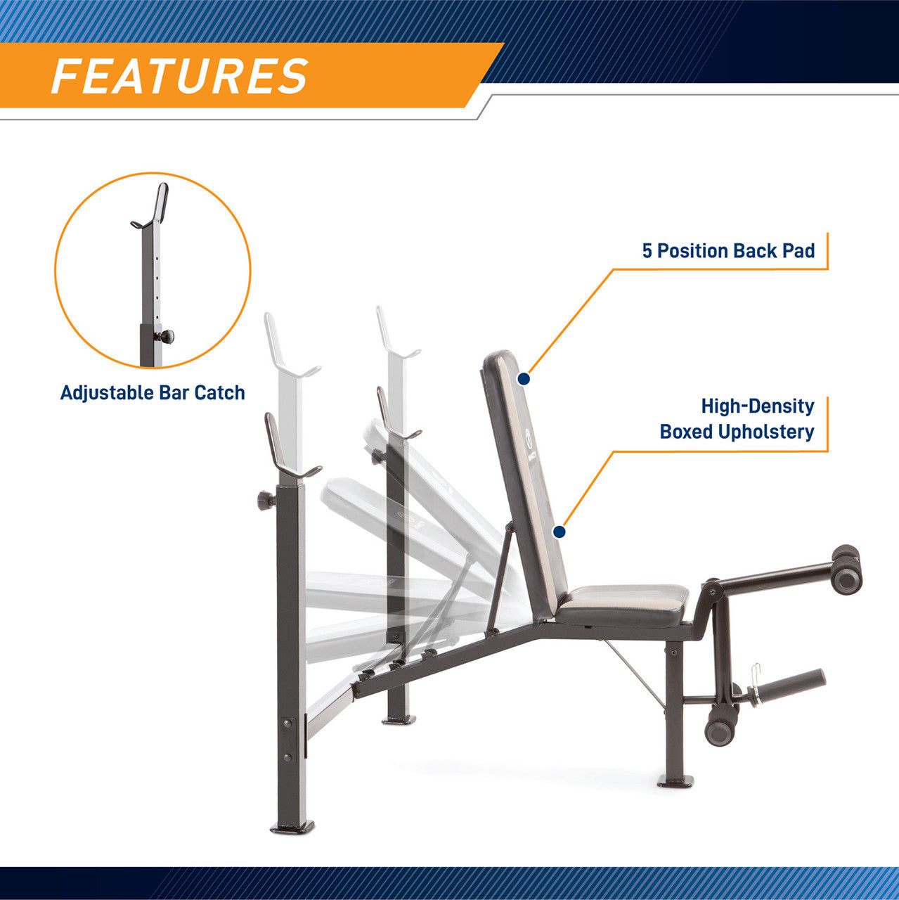 Marcy Olympic Multipurpose Weightlifting Workout Bench - MWB-449 features an adjustable bar catch and a back pad that has 5 moveable positions 