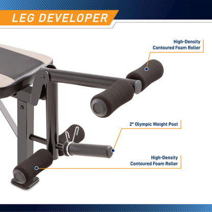 Marcy Olympic Multipurpose Weightlifting Workout Bench - MWB-449 features a leg developer 