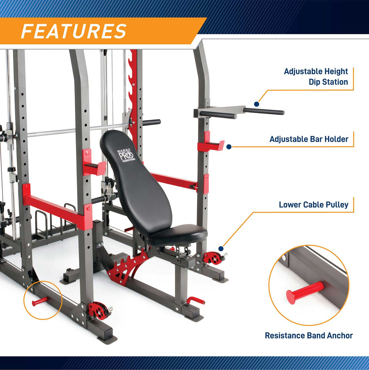 Marcy Pro Smith Cage Home Gym Training System | SM-4903 - features resistance band anchor, lower cable pulley, adjustable bar holder, adjustable height dip station 