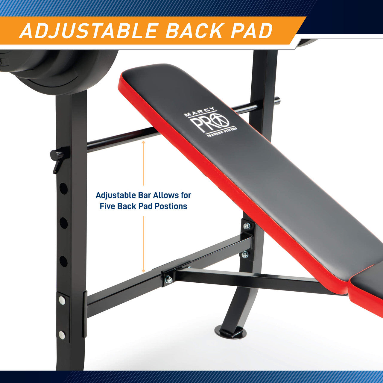 Marcy Pro Standard Weight Bench with 100 lb Weight Set  PM-2084 - Infographic - Adjustable Back Pad
